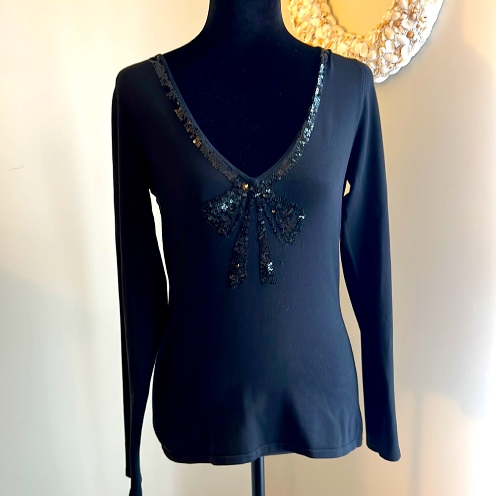 Inc Sequin VNeck Silk-Blend Top | M